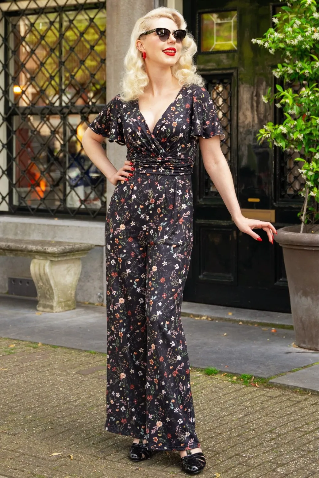 Esther Black Meadow Butterfly Sleeved Jumpsuit