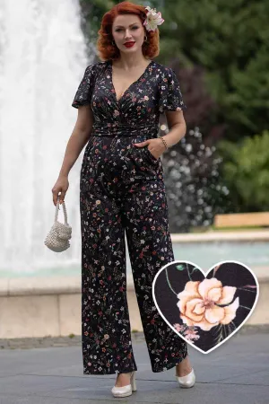 Esther Black Meadow Butterfly Sleeved Jumpsuit