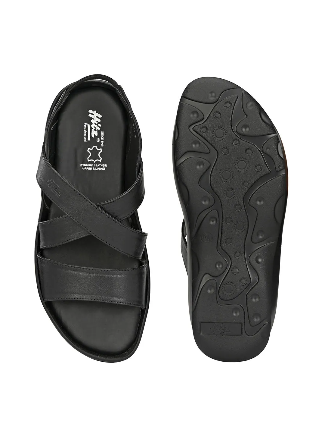 Hitz Men's Black Leather Open Toe Slip-On Comfort Sandals