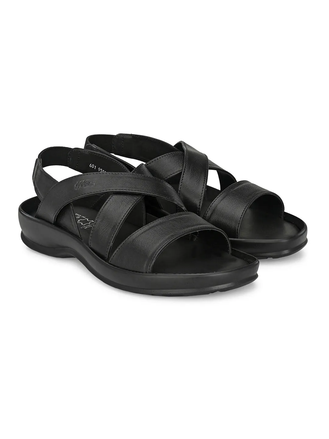 Hitz Men's Black Leather Open Toe Slip-On Comfort Sandals