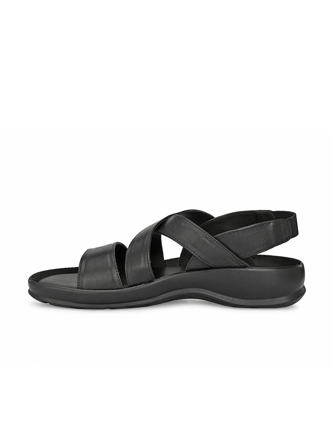 Hitz Men's Black Leather Open Toe Slip-On Comfort Sandals