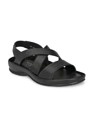 Hitz Men's Black Leather Open Toe Slip-On Comfort Sandals