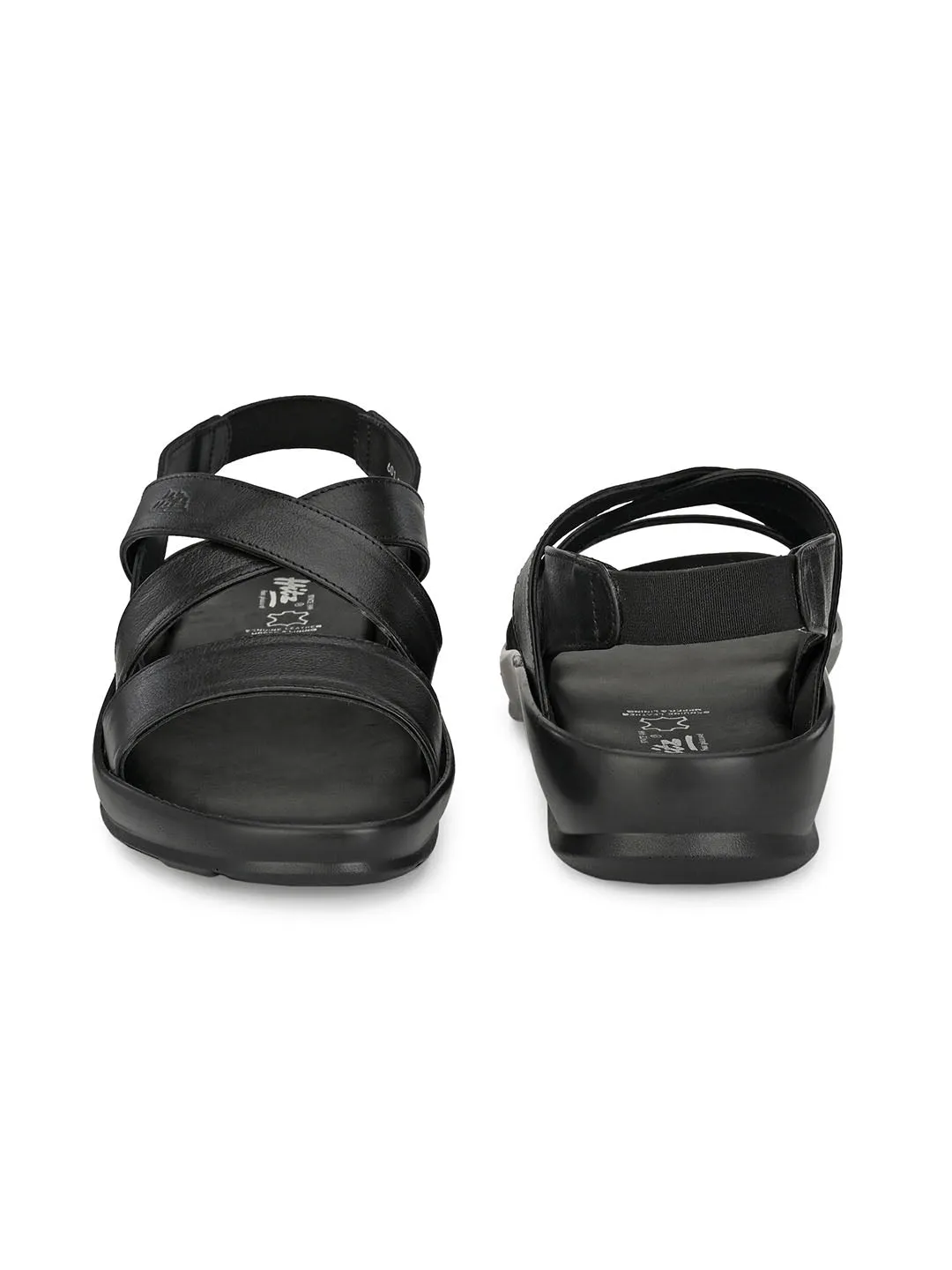 Hitz Men's Black Leather Open Toe Slip-On Comfort Sandals