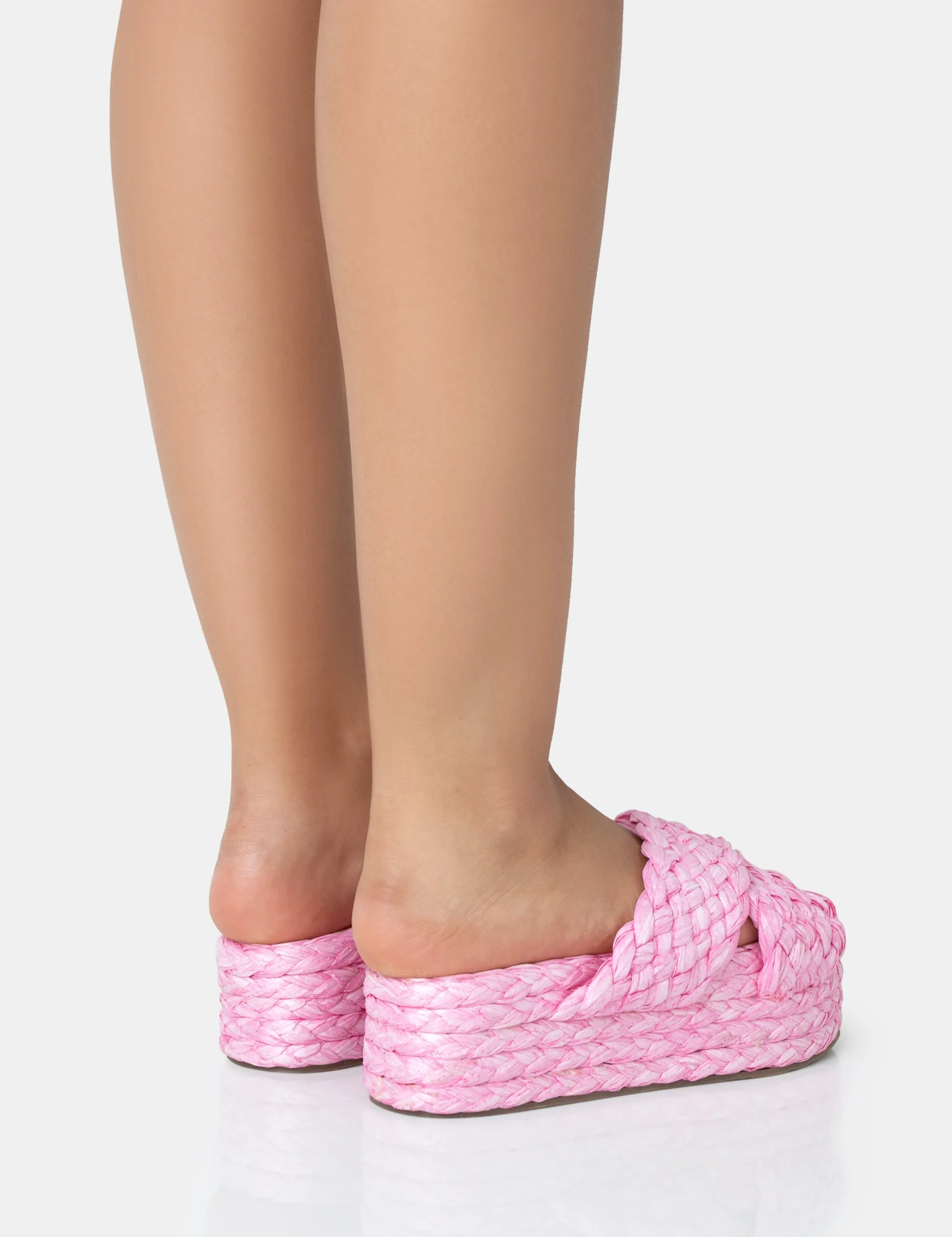 Kos Pink Raffia Cross Over Strap Slip On Flatform Sandals