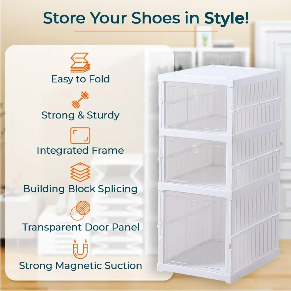 Kuber Industries 3 Layer Shoe Box for Storage|Multi-Purpose Plastic Shoe Rack|Installation Free Shoe Organizer|Pack of 3|White|