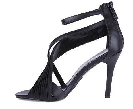 Metallic Open Toe Chiffon Assymetrical Strapped Sandals Black