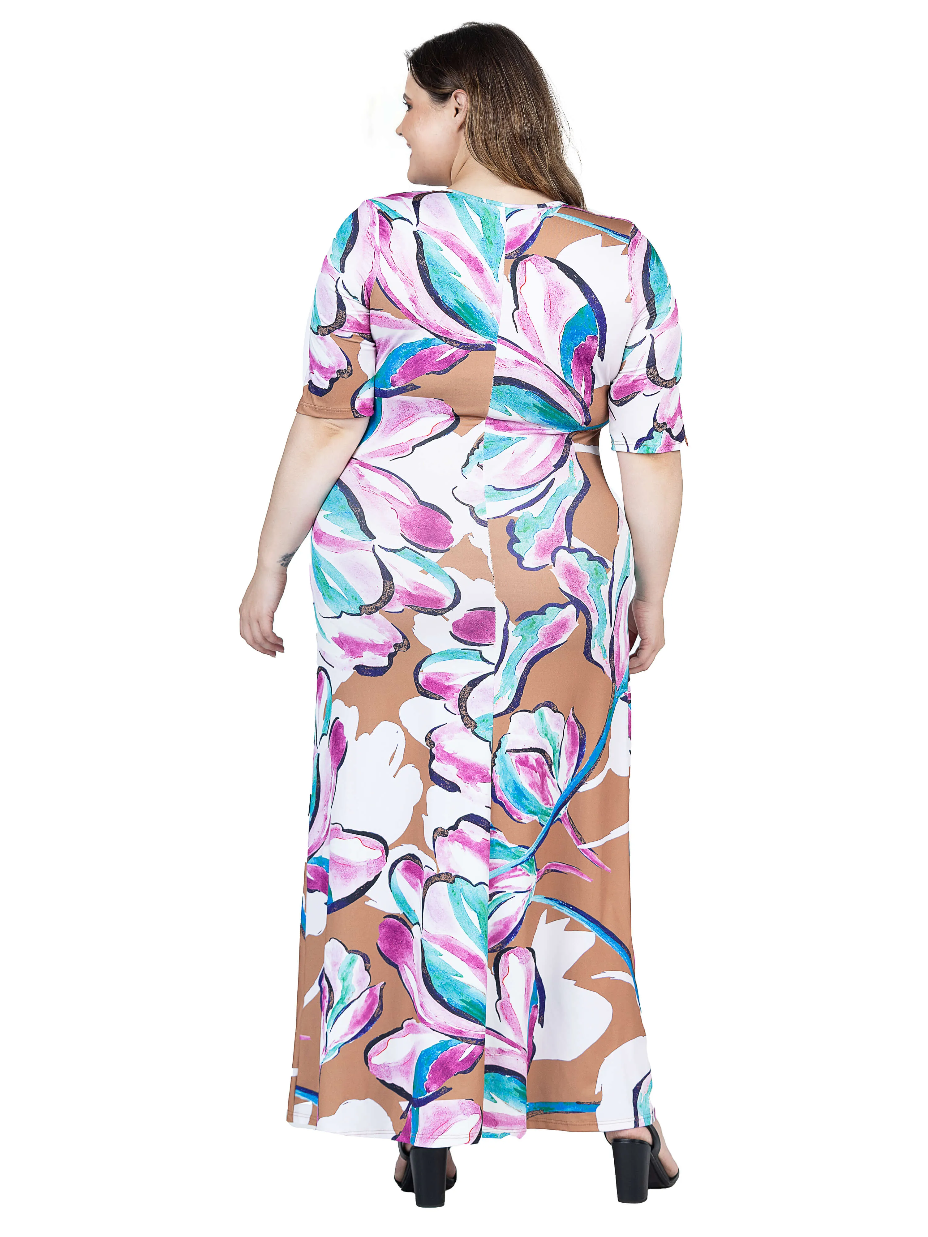 Plus Size Pink Floral Elbow Sleeve Casual A Line Maxi Dress