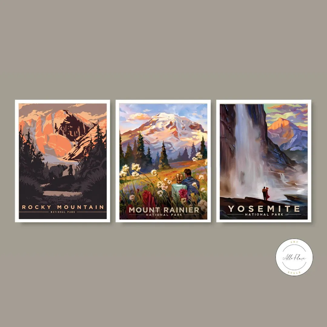 Set Of 3 Mount Rainier Rocky Mountain Yosemite National Park Posters PRINTABLE ART, Vintage National Park Print, National Park Print, Vintage Wall Art