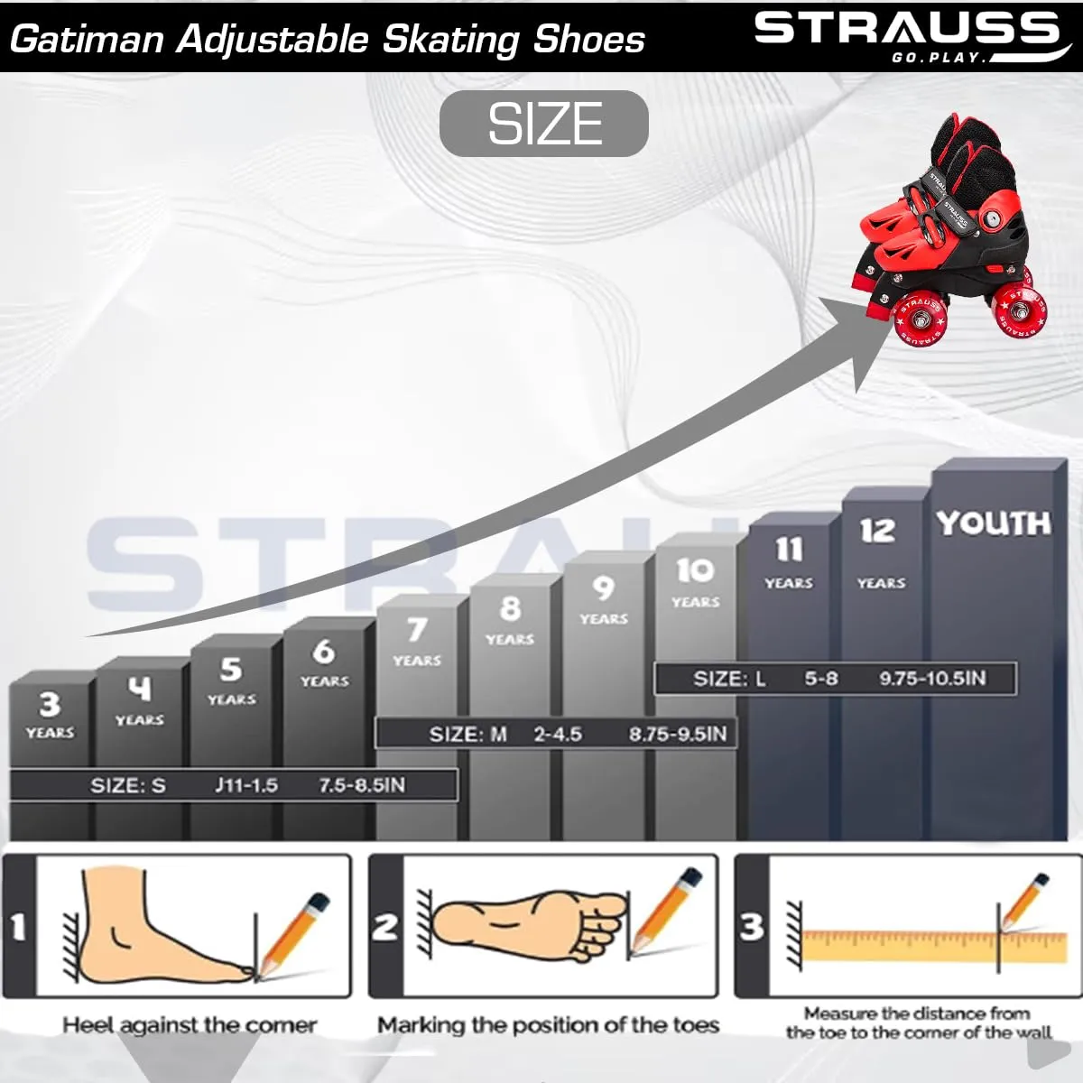 STRAUSS Gatiman Adjustable Skating Shoes | Latest Designed Roller Skates with Break | Ideal for Boys and Girls | Adjustable 4 Wheels Skating Shoe | Size: Junior (Black/Red)