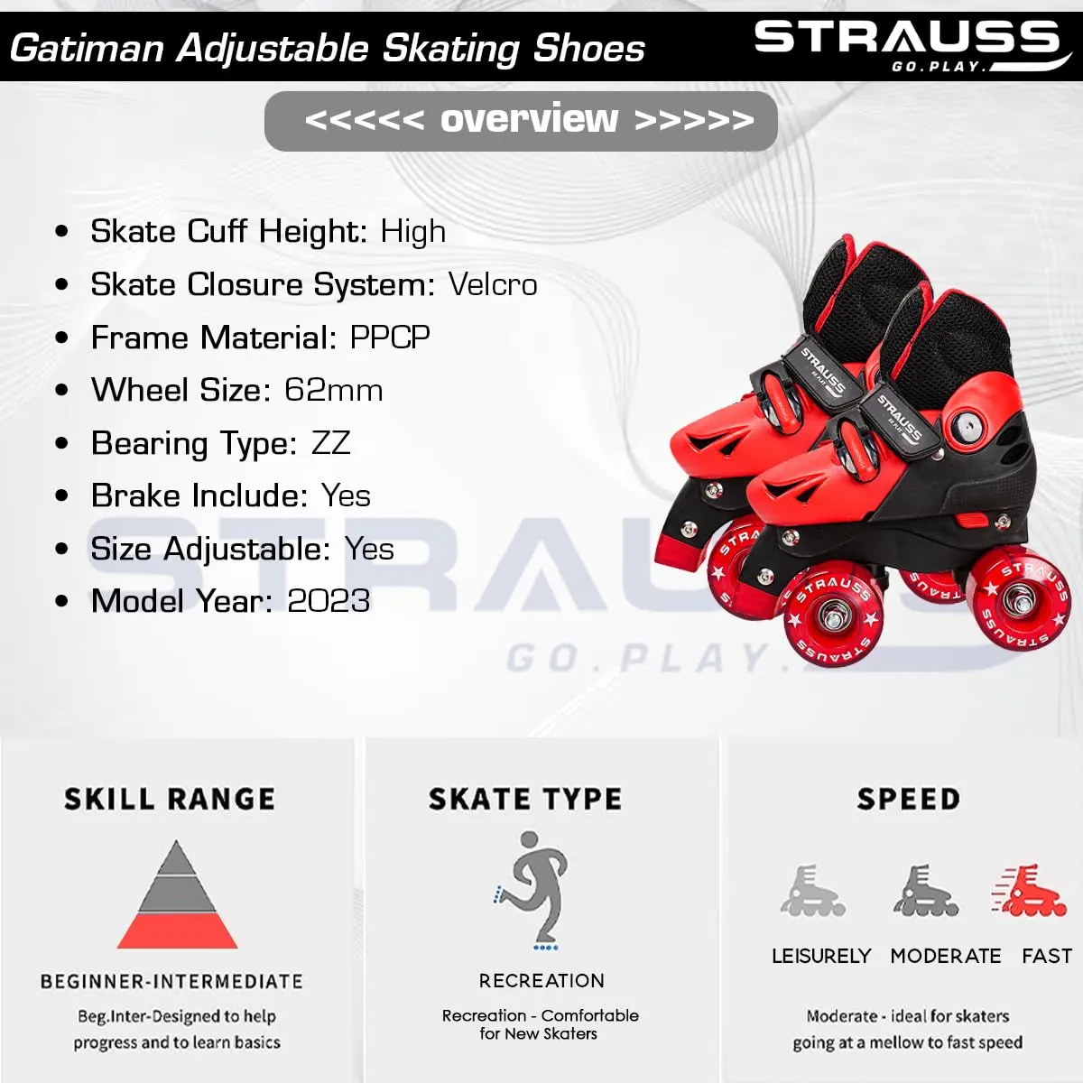 STRAUSS Gatiman Adjustable Skating Shoes | Latest Designed Roller Skates with Break | Ideal for Boys and Girls | Adjustable 4 Wheels Skating Shoe | Size: Junior (Black/Red)