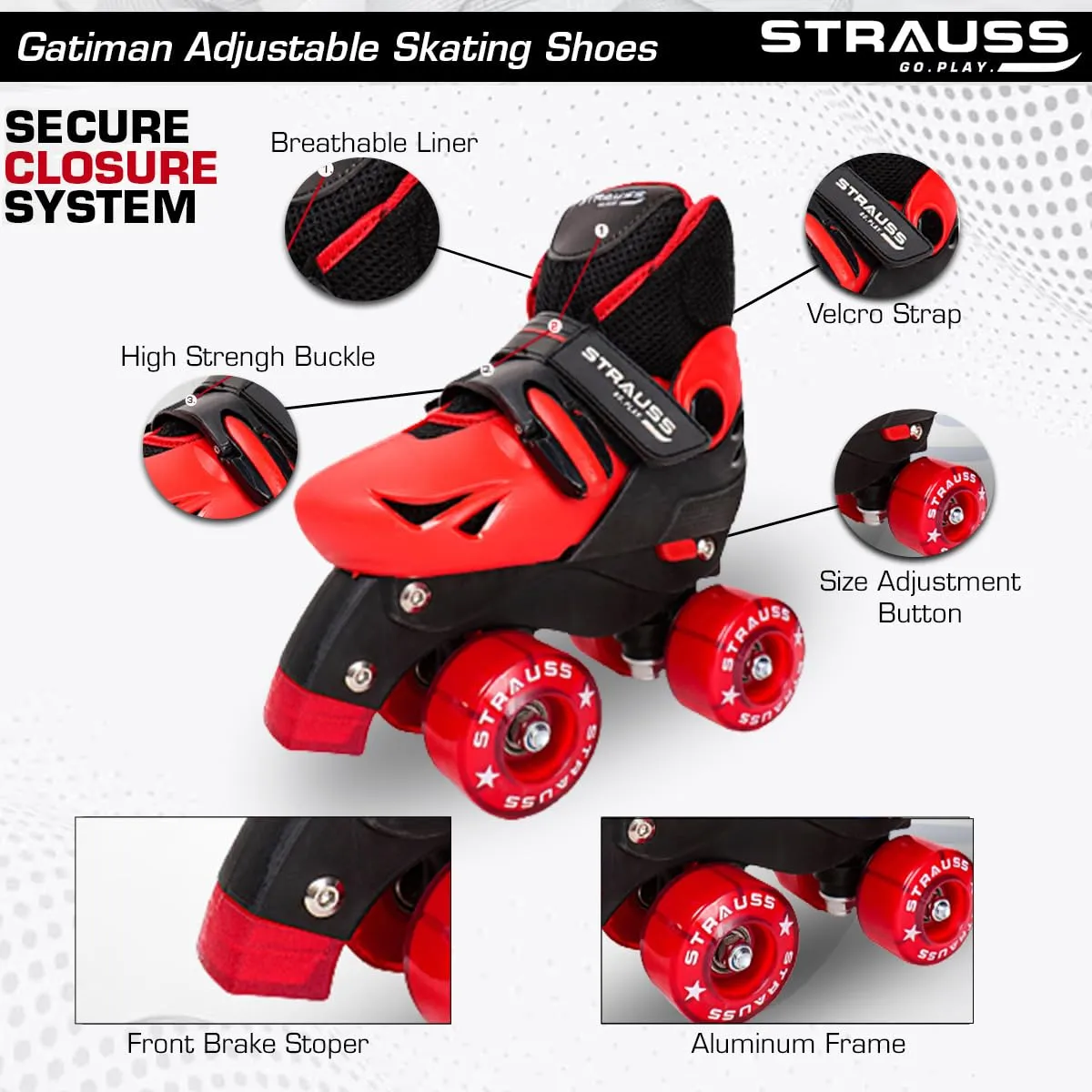 STRAUSS Gatiman Adjustable Skating Shoes | Latest Designed Roller Skates With Break | Ideal For Boys And Girls | Adjustable 4 Wheels Skating Shoe | Size: Sub-Junior (Black/Red), Outdoor Wheel