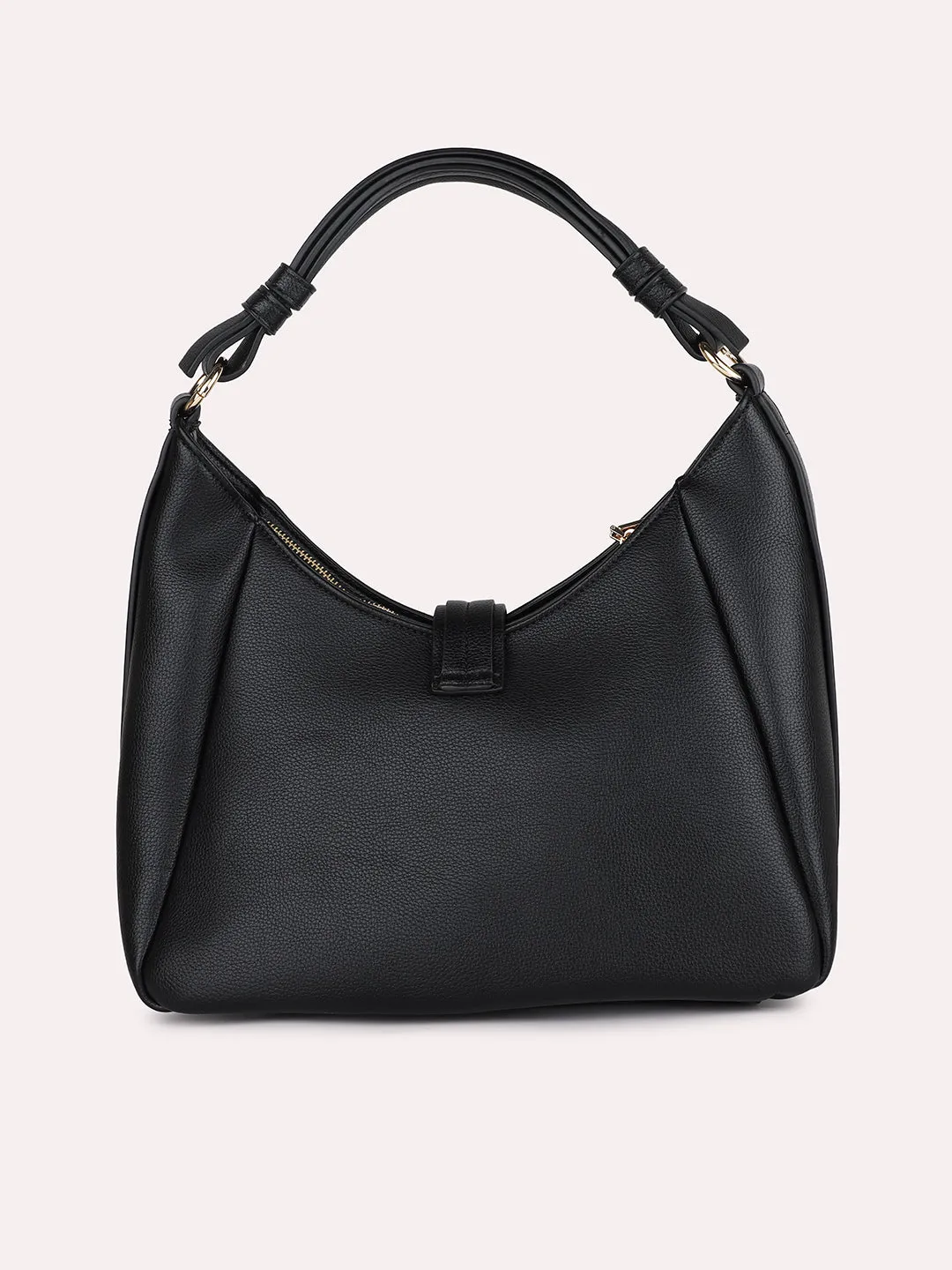 Women Black Textured PU Hobo Bag With Button Detail