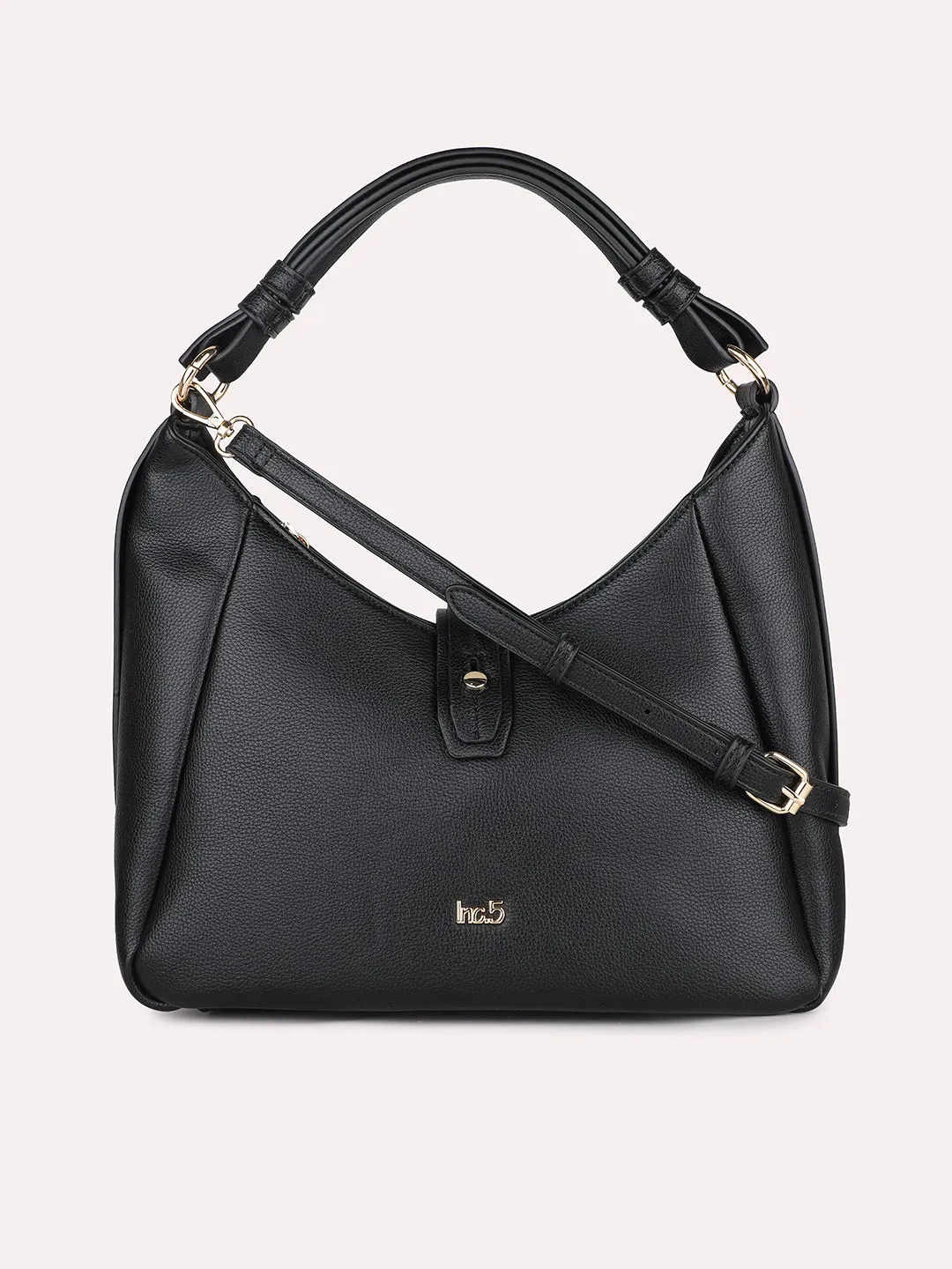 Women Black Textured PU Hobo Bag With Button Detail