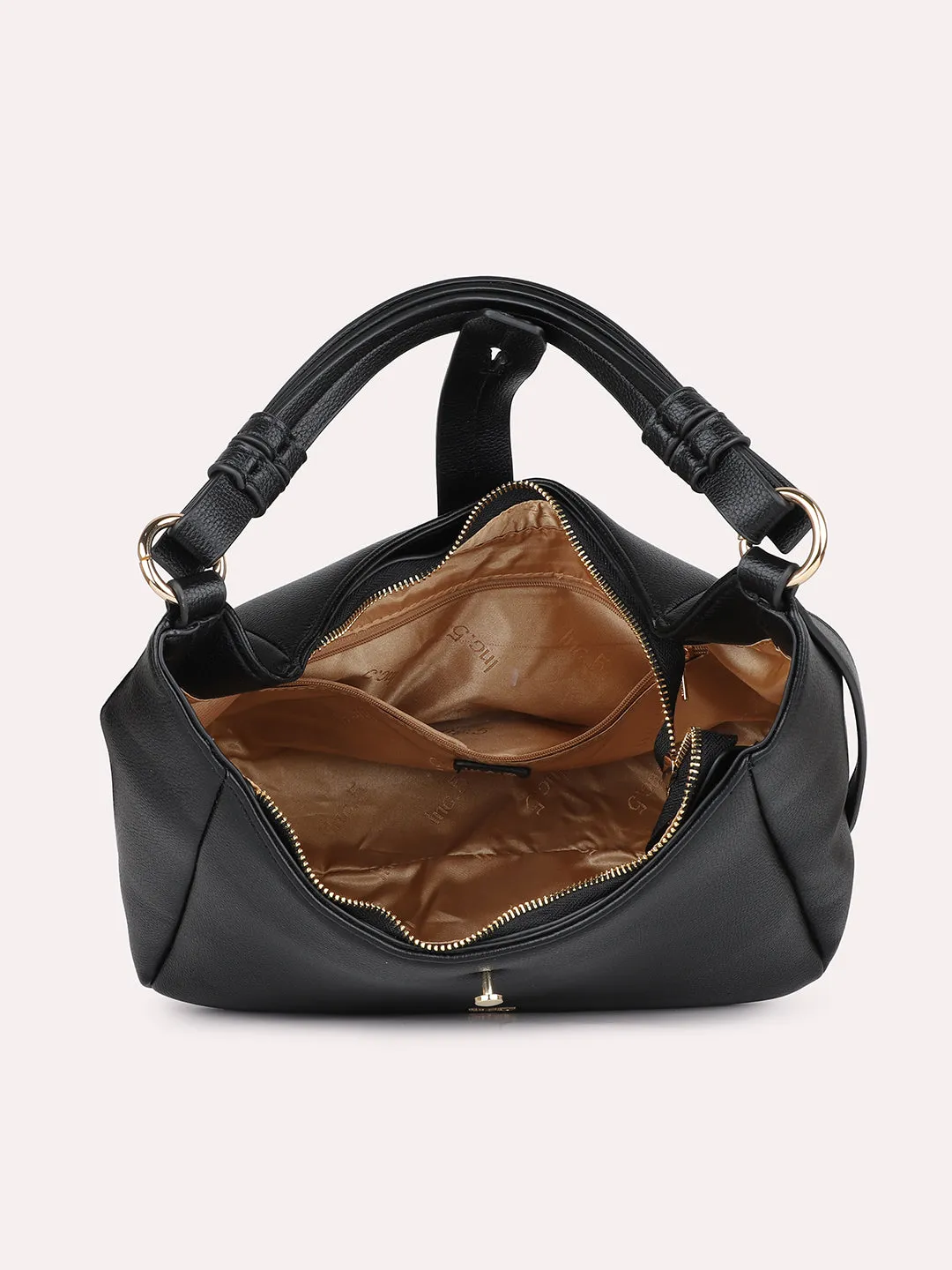 Women Black Textured PU Hobo Bag With Button Detail