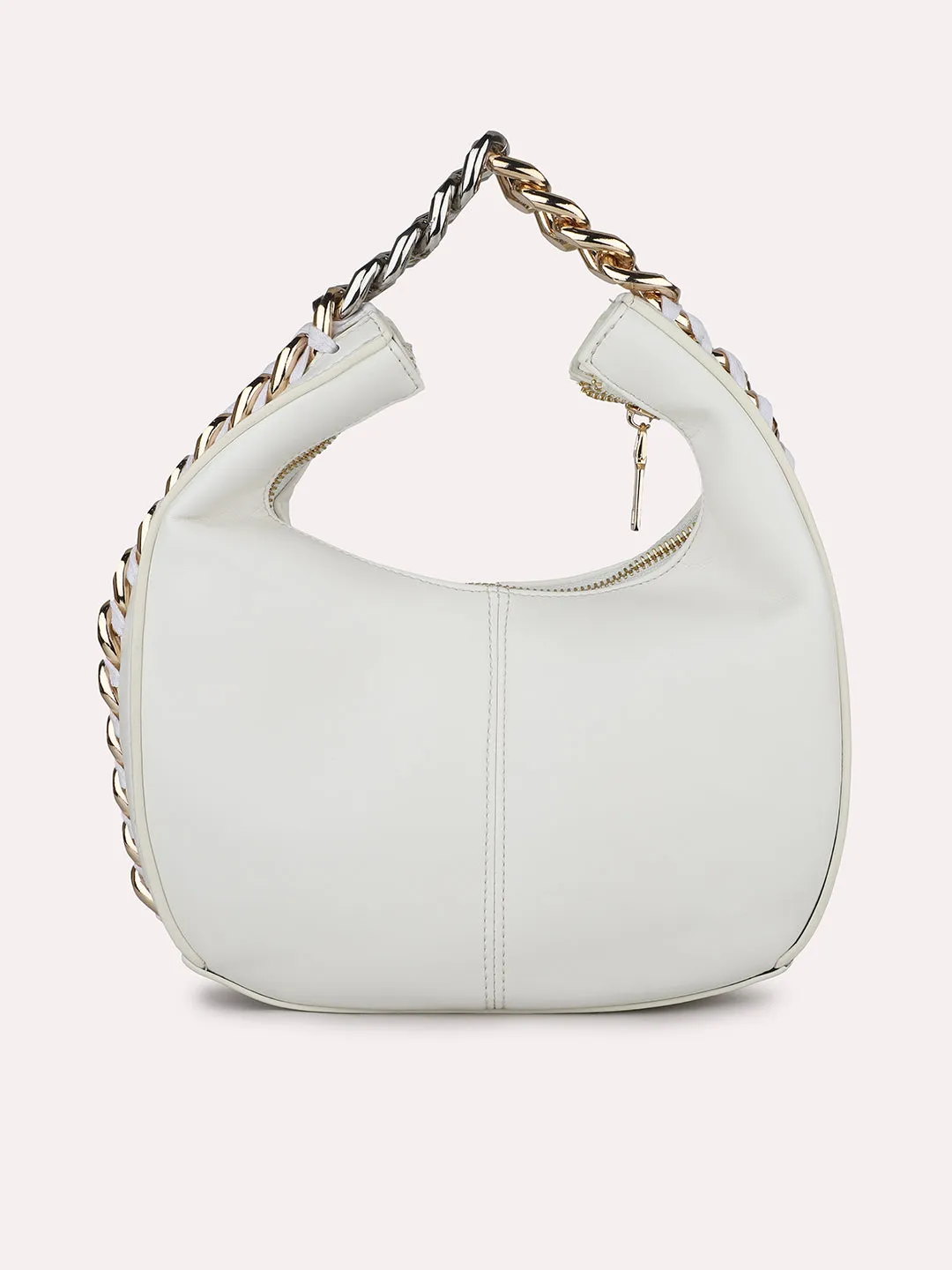 Women Off White Solid Hobo Bag with Chain Detailing on Sides